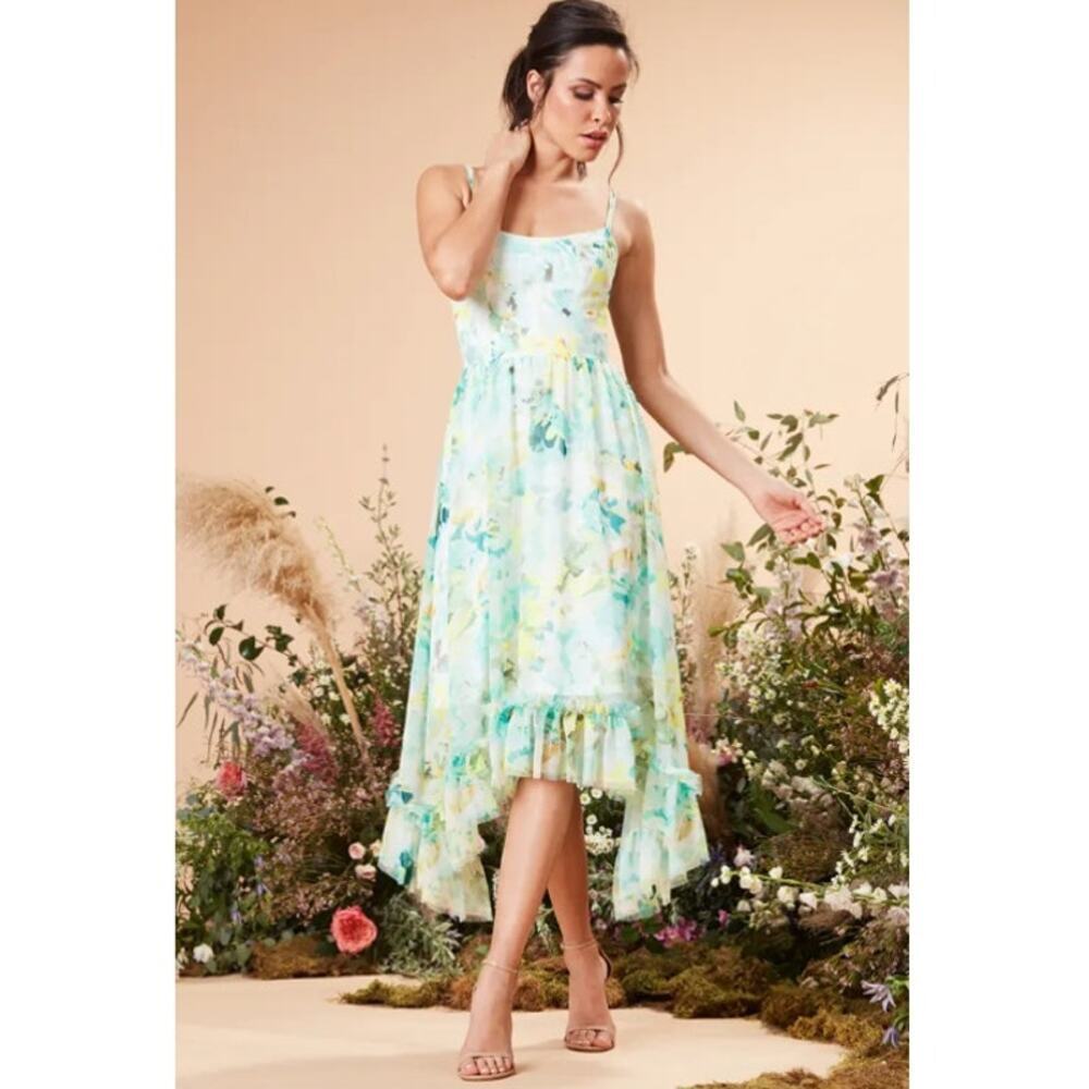 Dress the Population Judy Crescent Green Floral Flounce Dress Small